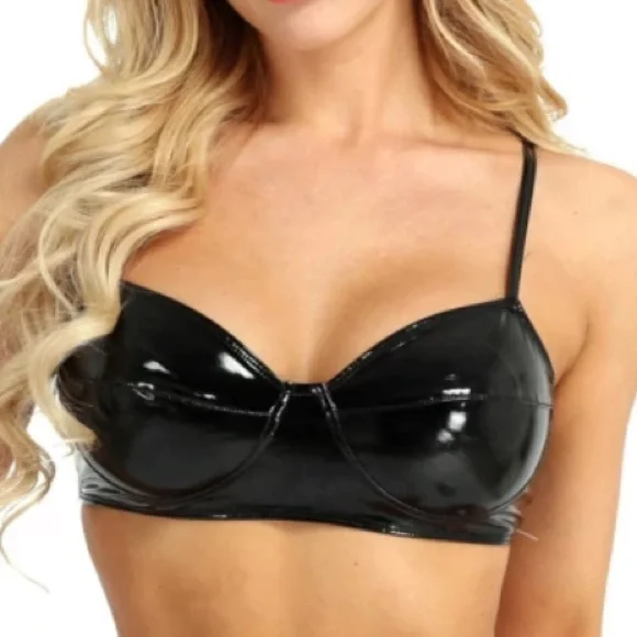 🔥HP❣️LAST 1❣️NWT Black Wetlook Faux Leather Wirefree Bra 34B-36D (see sz info) - Picture 2 of 9